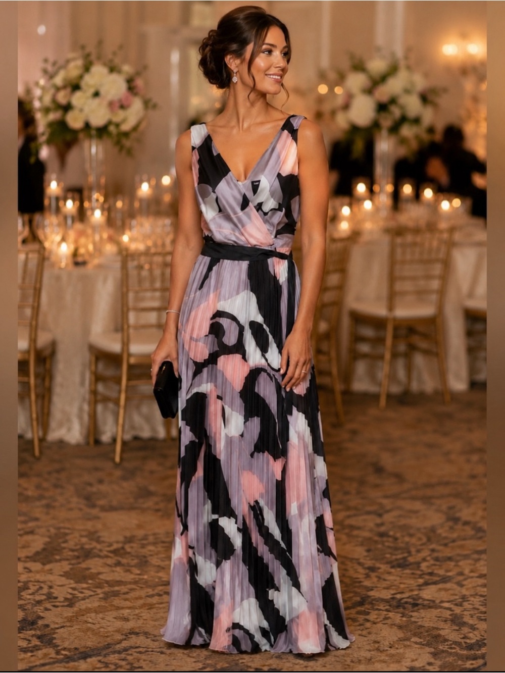 NEW Frank Lyman Silky Pink, Lilac, Black & White Pleated Maxi Dress/Gown